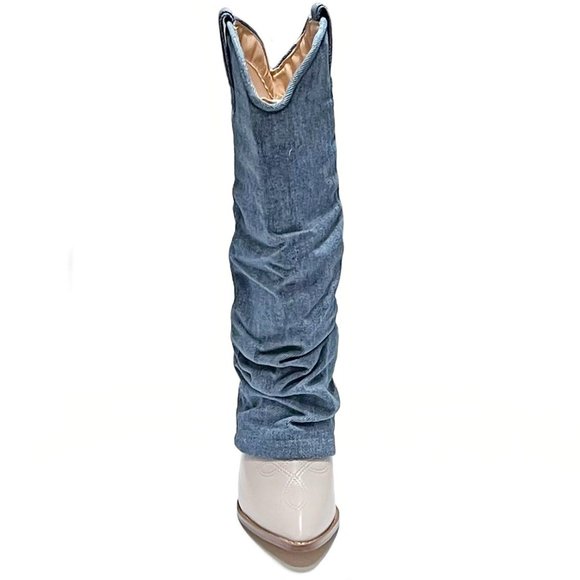 New Blue Denim Cowboy Fold Over Knee High Tall Boots - Picture 4 of 5